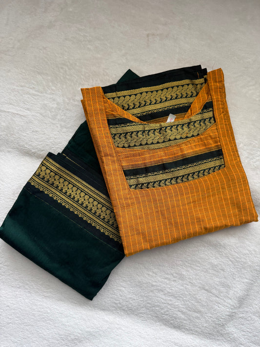 Yellow with Green Handloom Checks Top and Dupatta Set