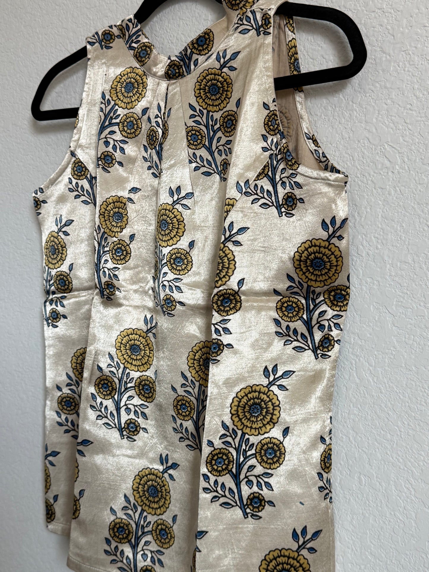 Ajrakh Floral Print Mashru Silk Sleeveless Halter Neck Short Top