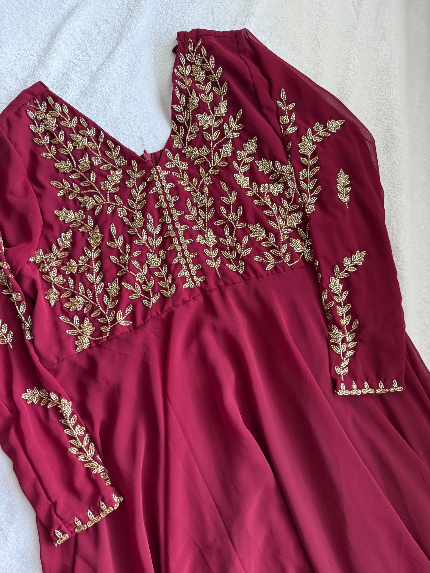 Maroon maggam work georgette heavy flare full sleeve anarkali tunic