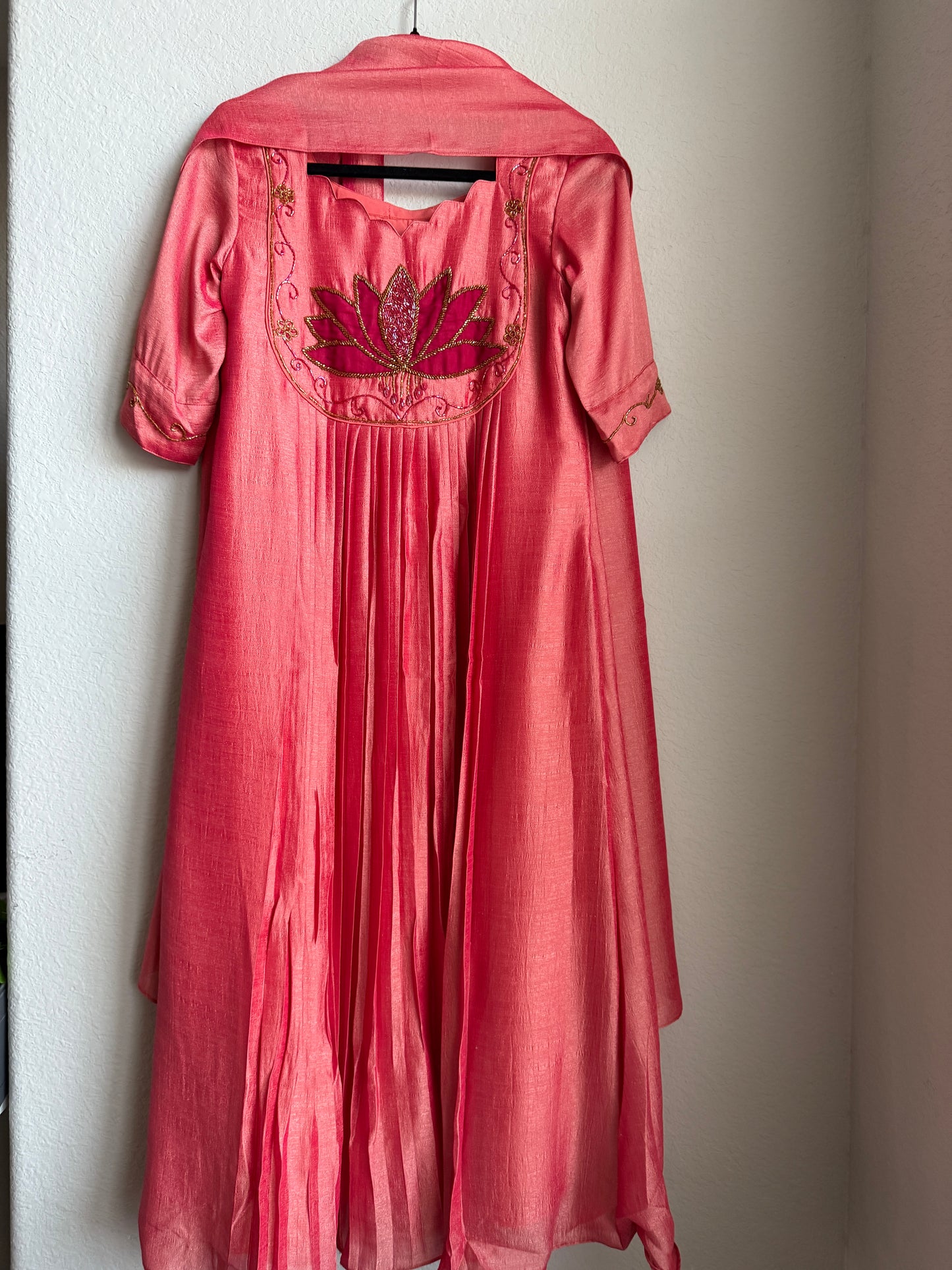 Peach shade lotus handwork customized anarkali set