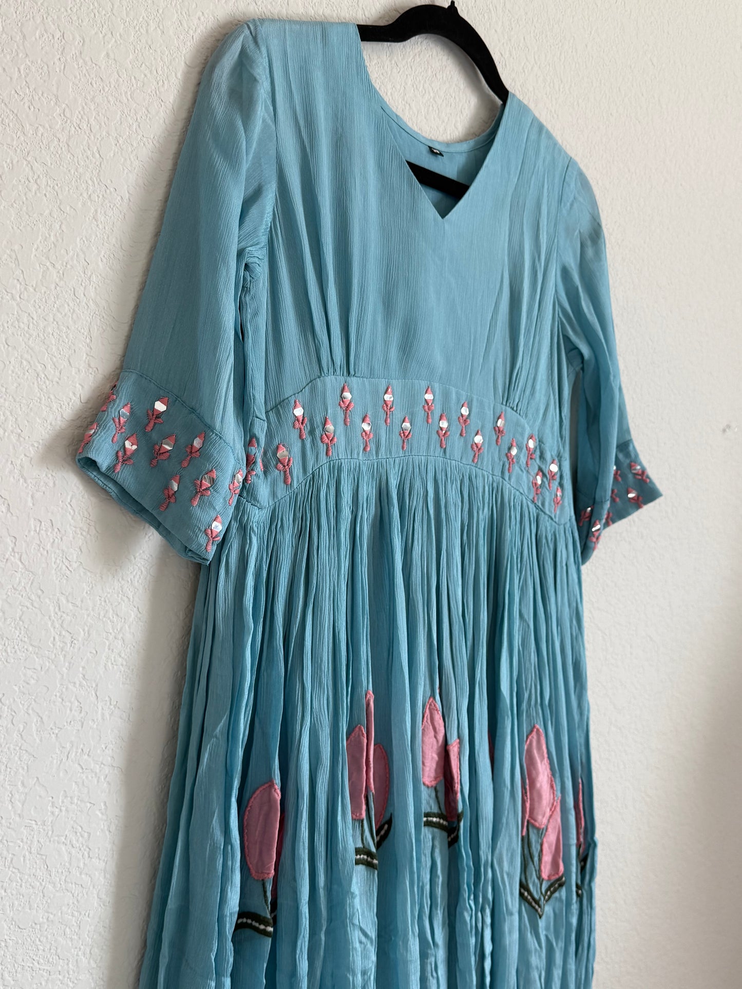 Powder Blue Mirror Work Chinnon Applique Tulips Tunic