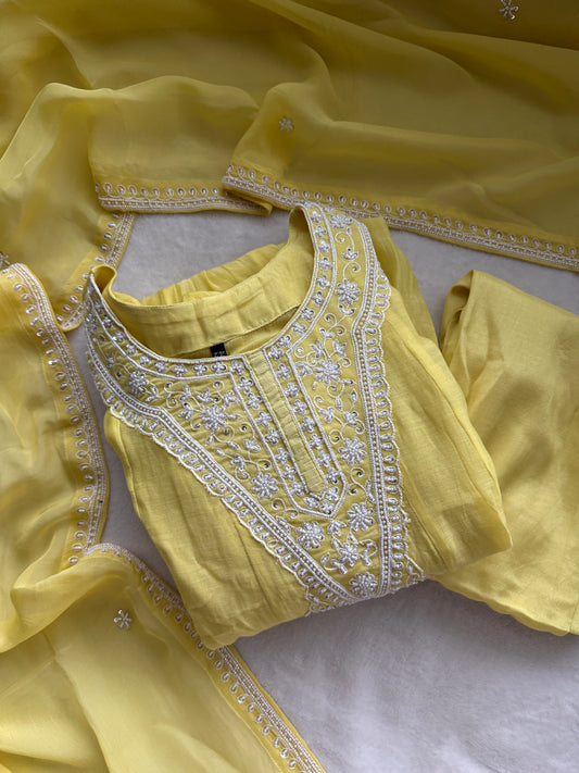 Yellow Mul Chanderi Anarkali Kurti Set with Pearl Work Dupatta – Festive Indian Partywear