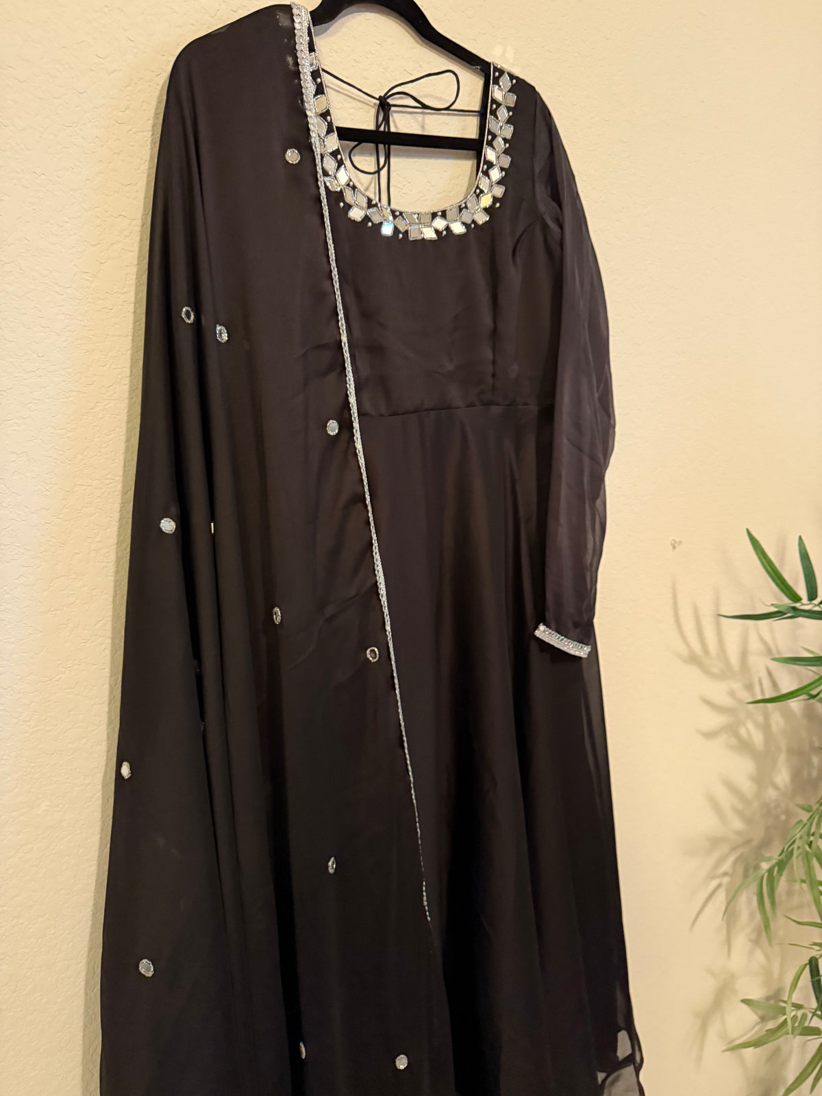 Black Mirror Work Georgette Heavy Flared Anarkali Set - Top and Dupatta