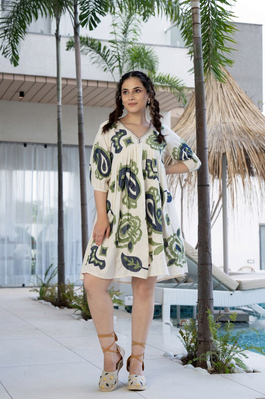 White blue green cotton embroidery short dress