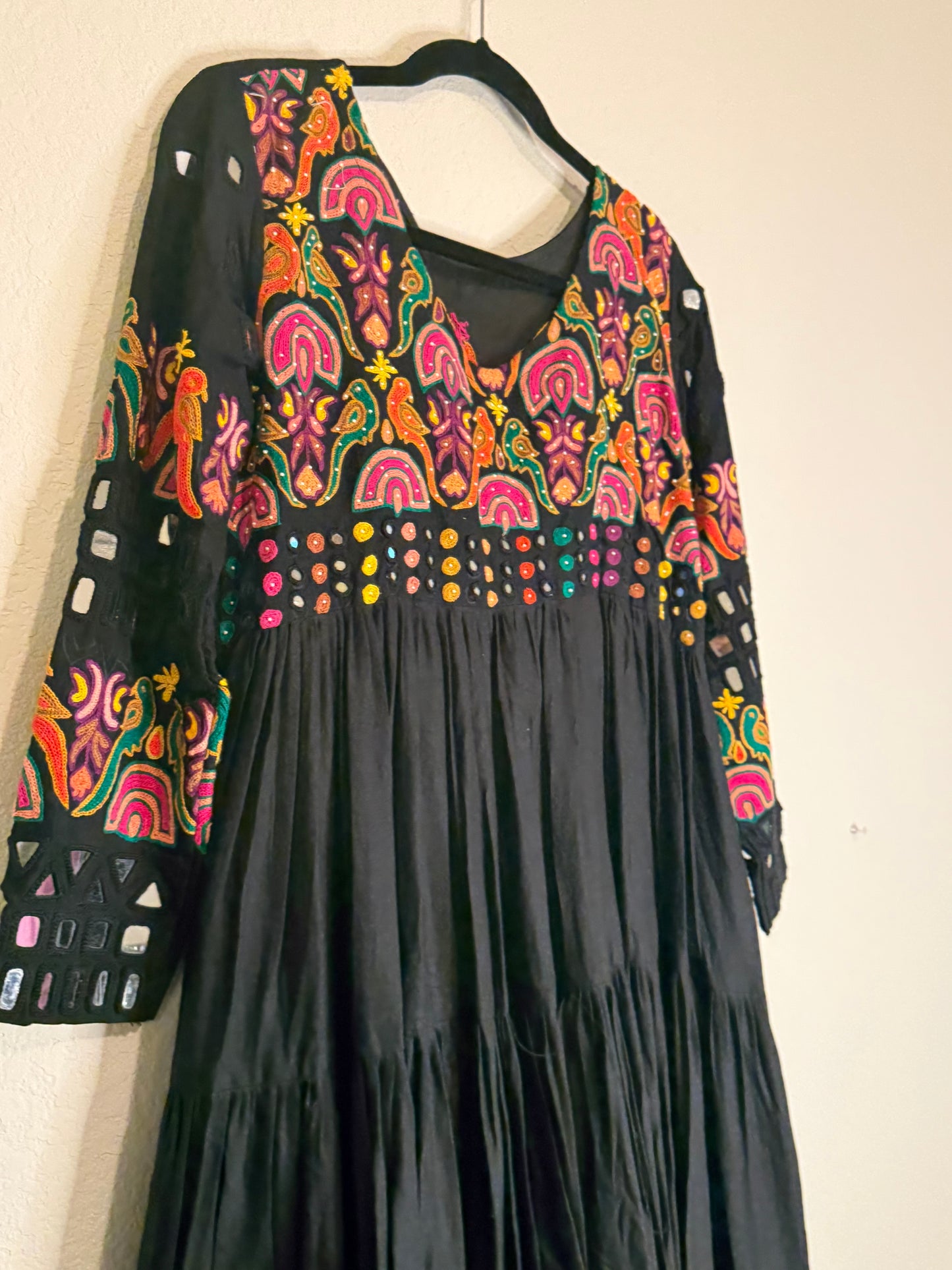 Black Handwork Mirror Work Heavy Flared Anarkali Long Dress