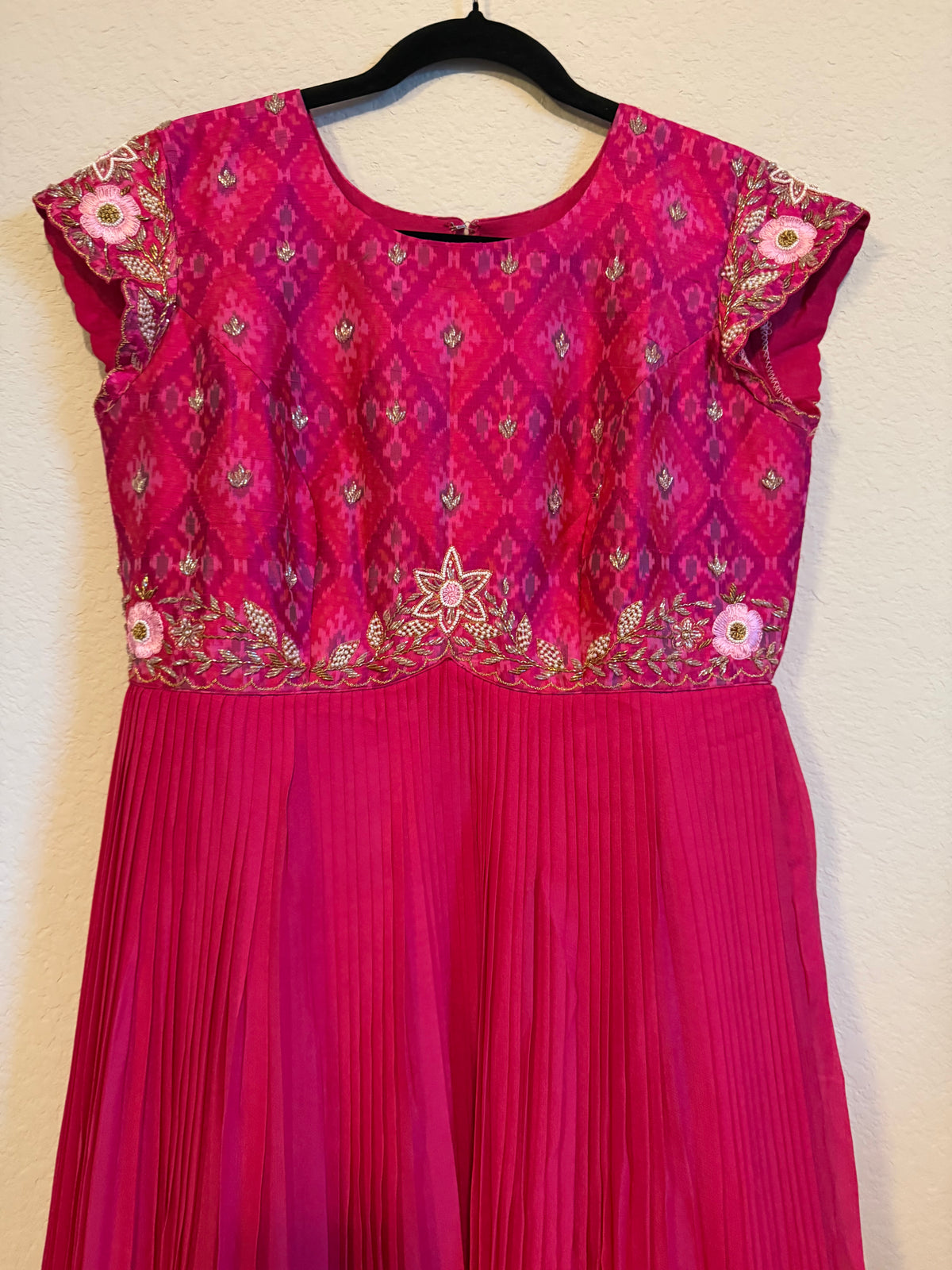 Pink Raw Silk Ikkath Maggam Work Designer Long Dress with Short Sleeve