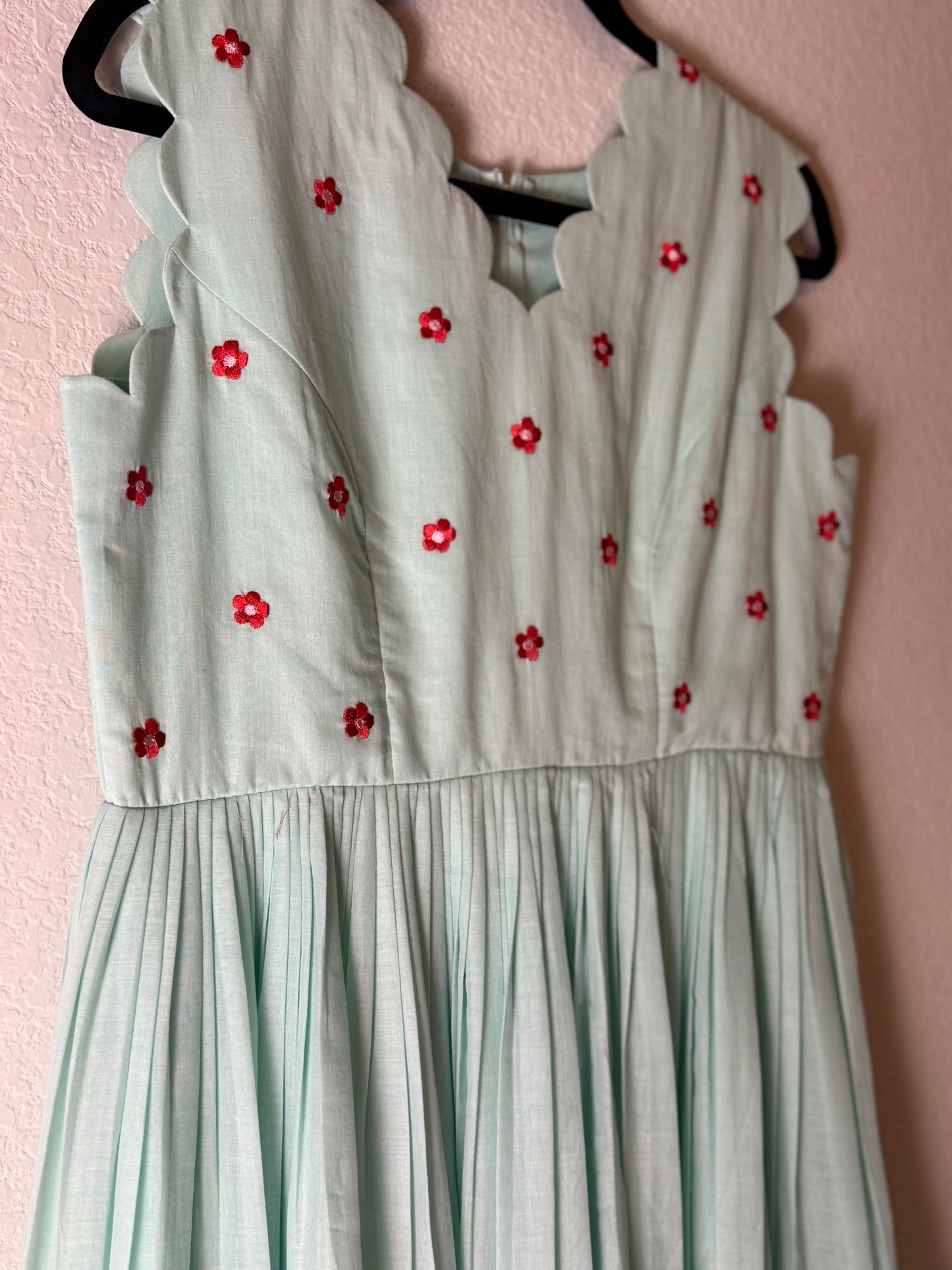 Sea Green Mul Cotton Scalloped Sleeveless Dress