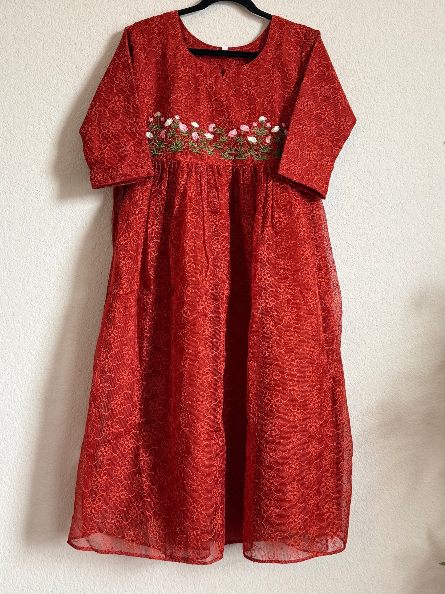 Rust Orange Net Kota Embroidered Frock