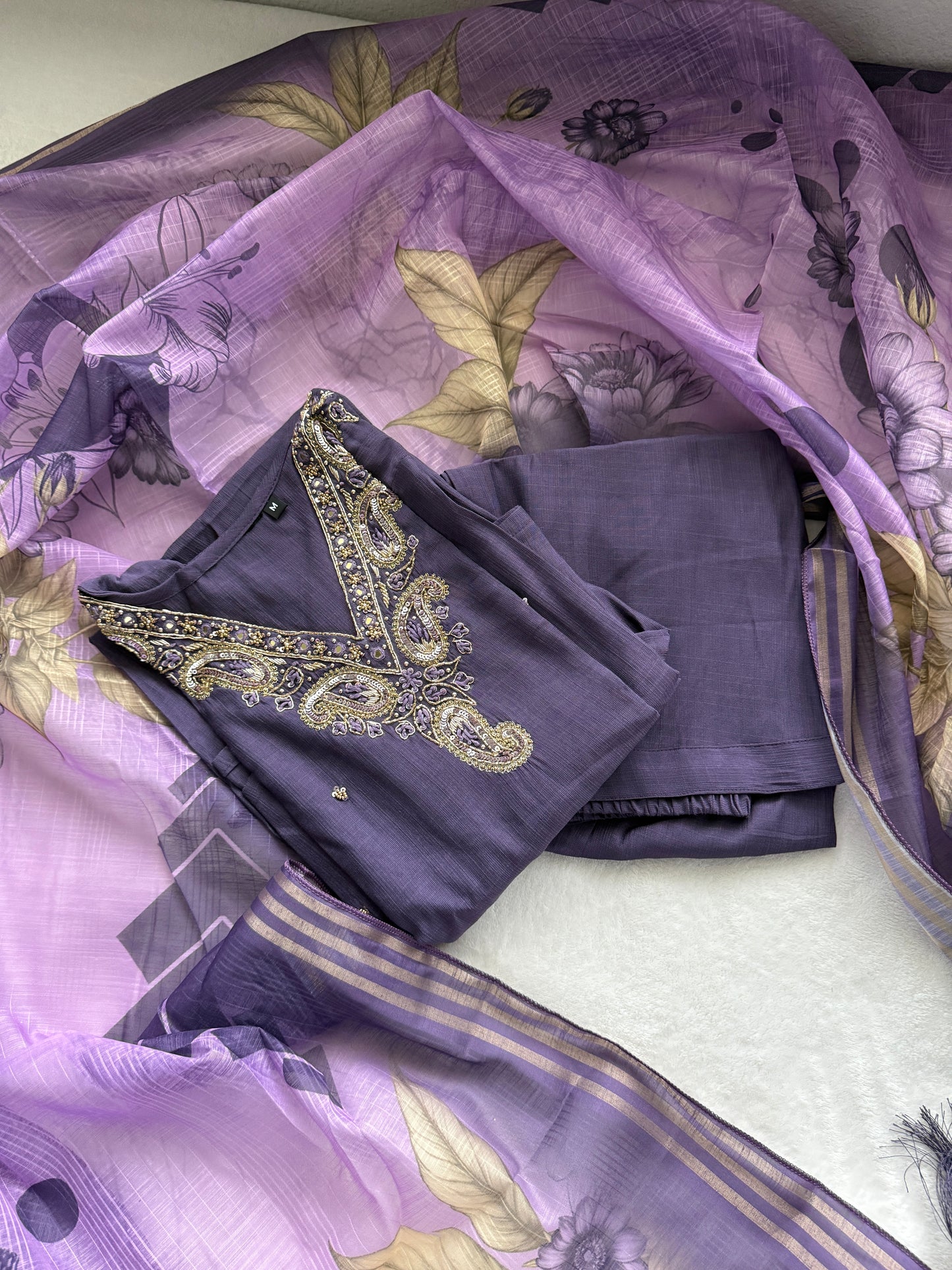 Purple shade vatican silk handwork anarkali kurti set with floral dupatta