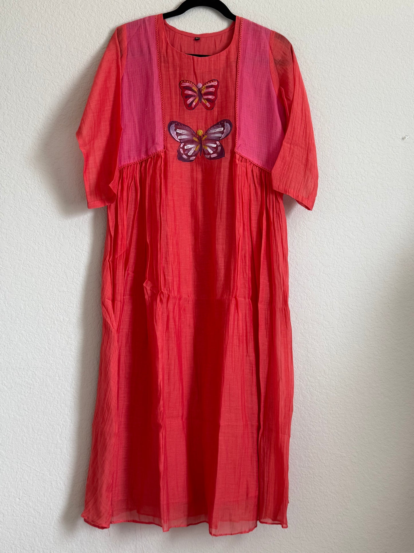 Coral Pink Mul Chanderi Handpainted Butterfly Design Tunic