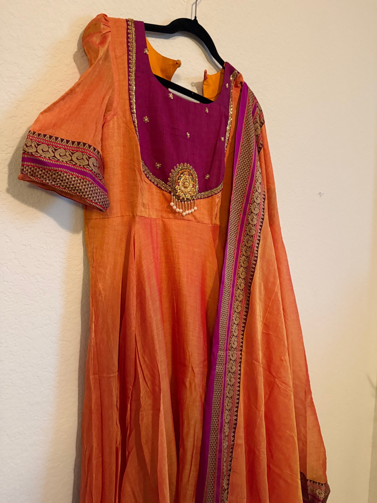 Orange Narayanpet Maggam Work Anarkali with Dupatta