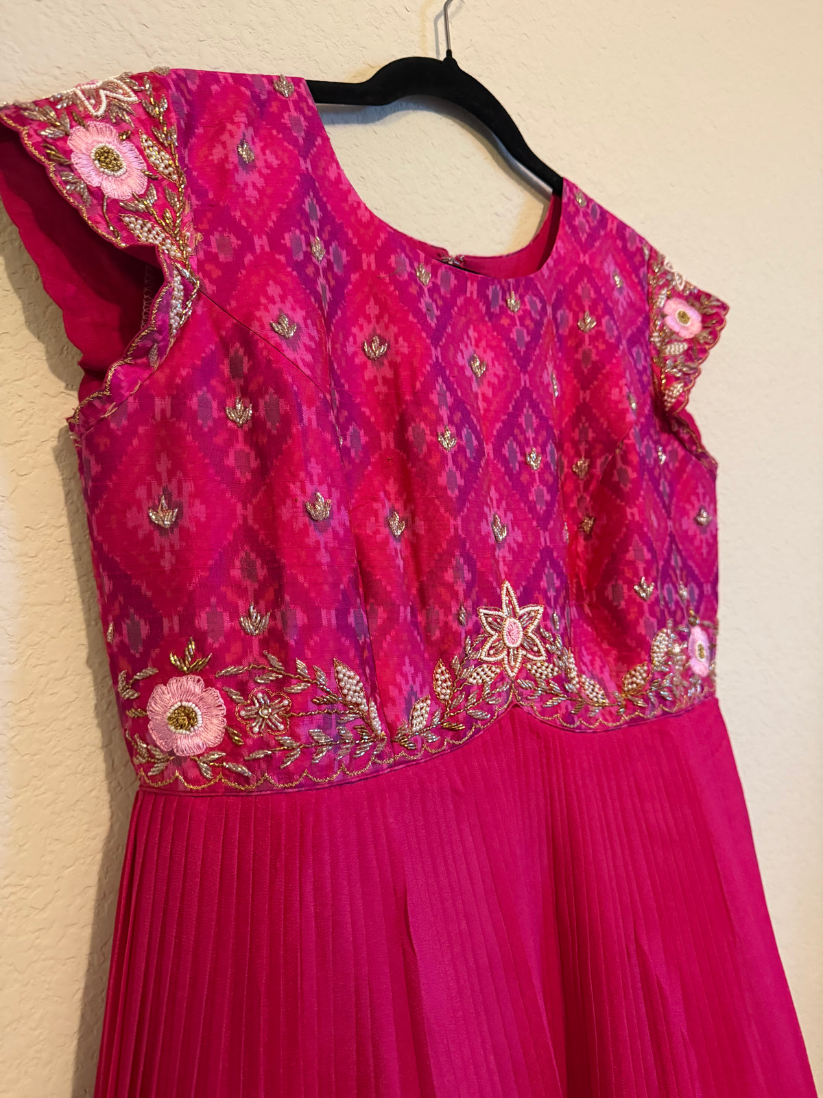 Pink Raw Silk Ikkath Maggam Work Designer Long Dress with Short Sleeve