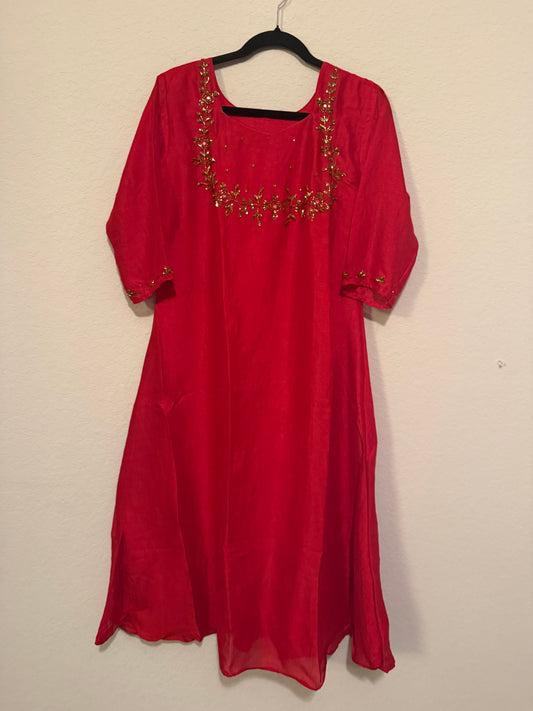 Red Vichitra Silk A-line Handwork Festive Kurti