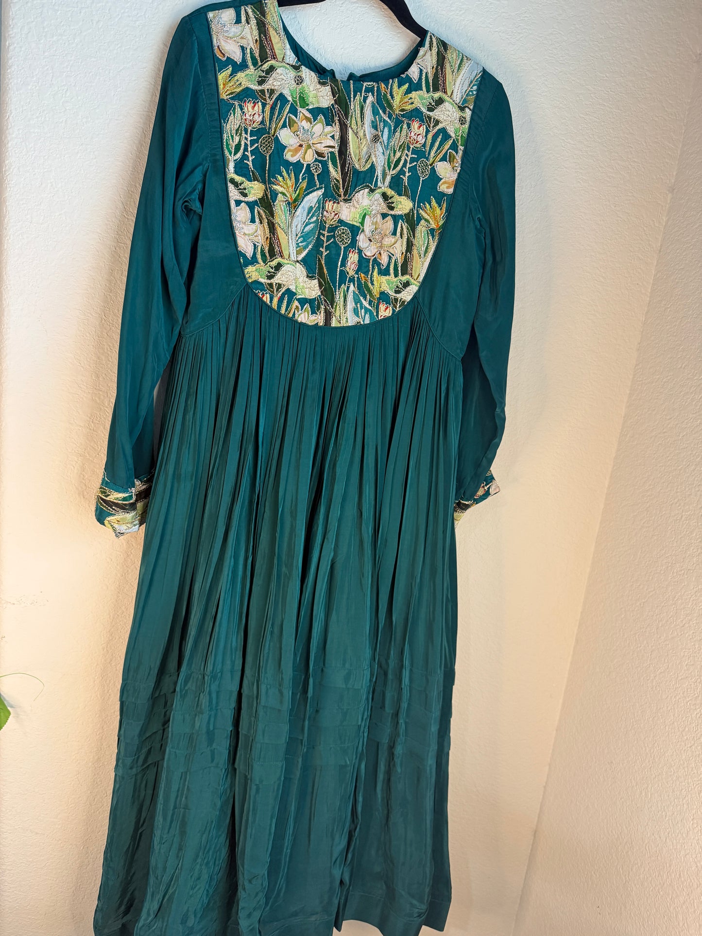 Bottle green crape silk anarkali tunic with yolk detailing