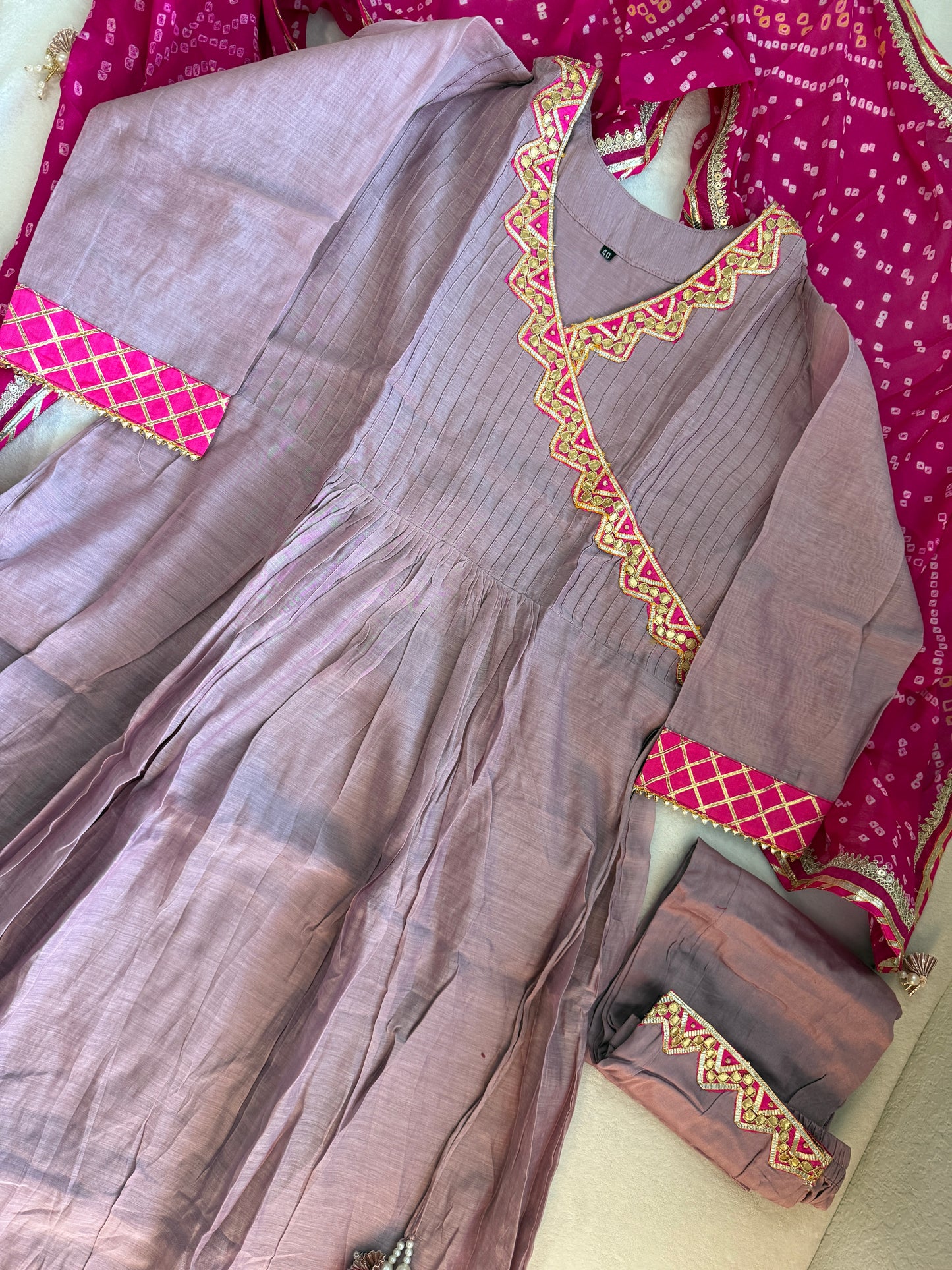 Lilac shade mul chanderi angrakha pattern kurti set with beautiful bandhini dupatta