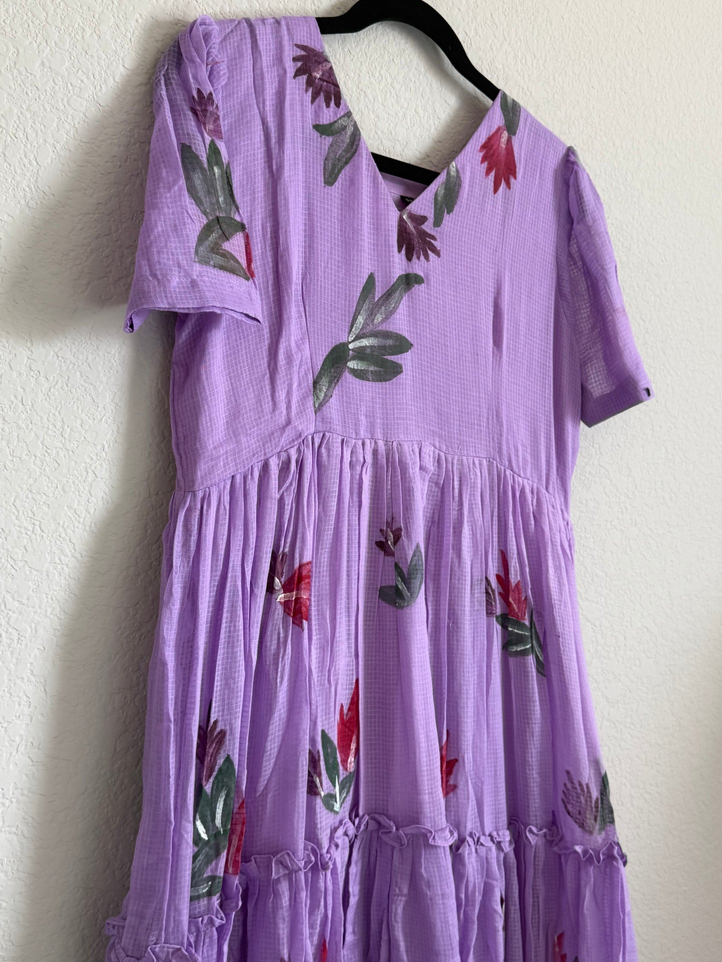 Lavendar Handpainted Floral Kota Frock