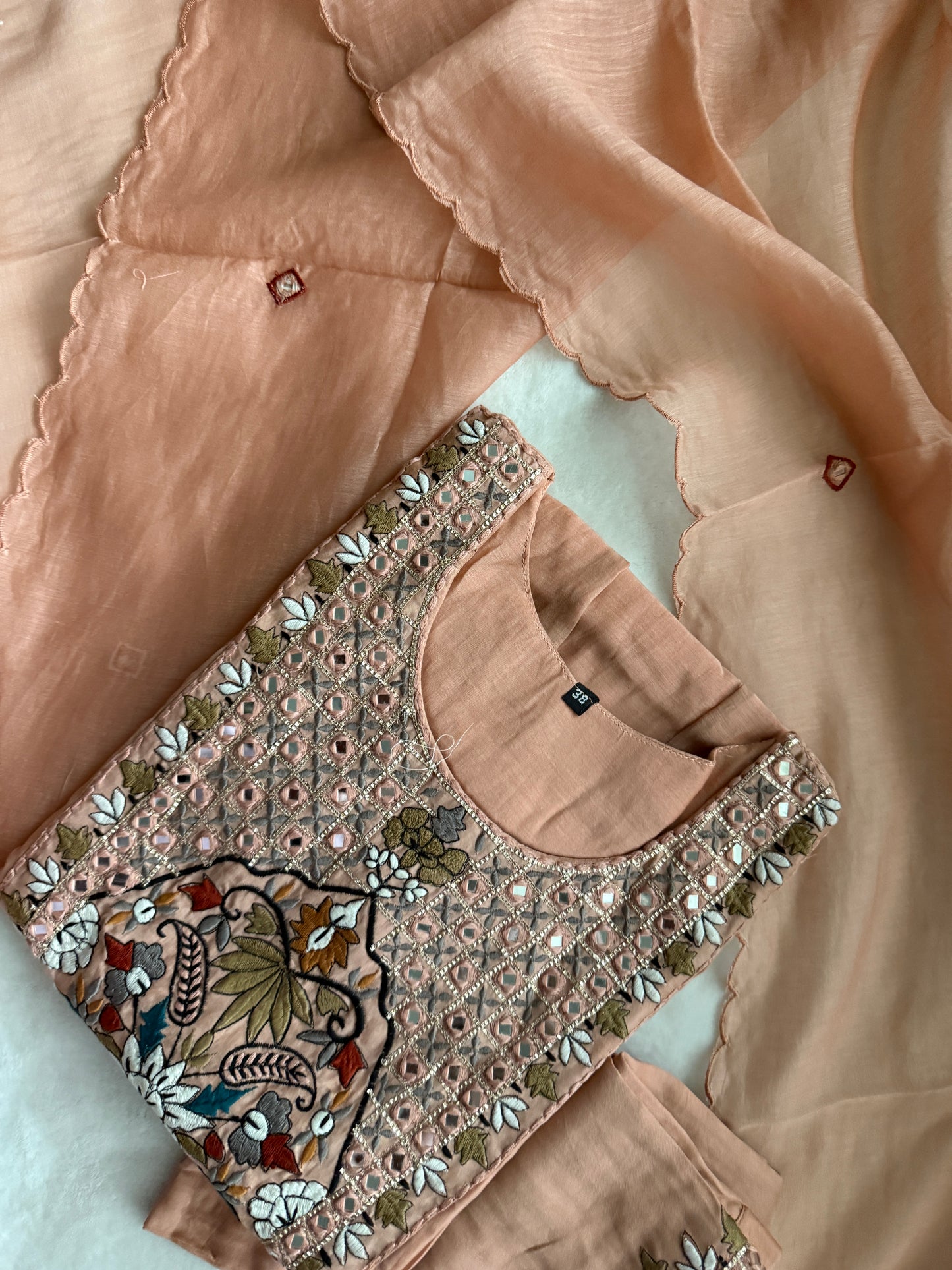 Peach shade pure mul chanderi embroidered anarkali set