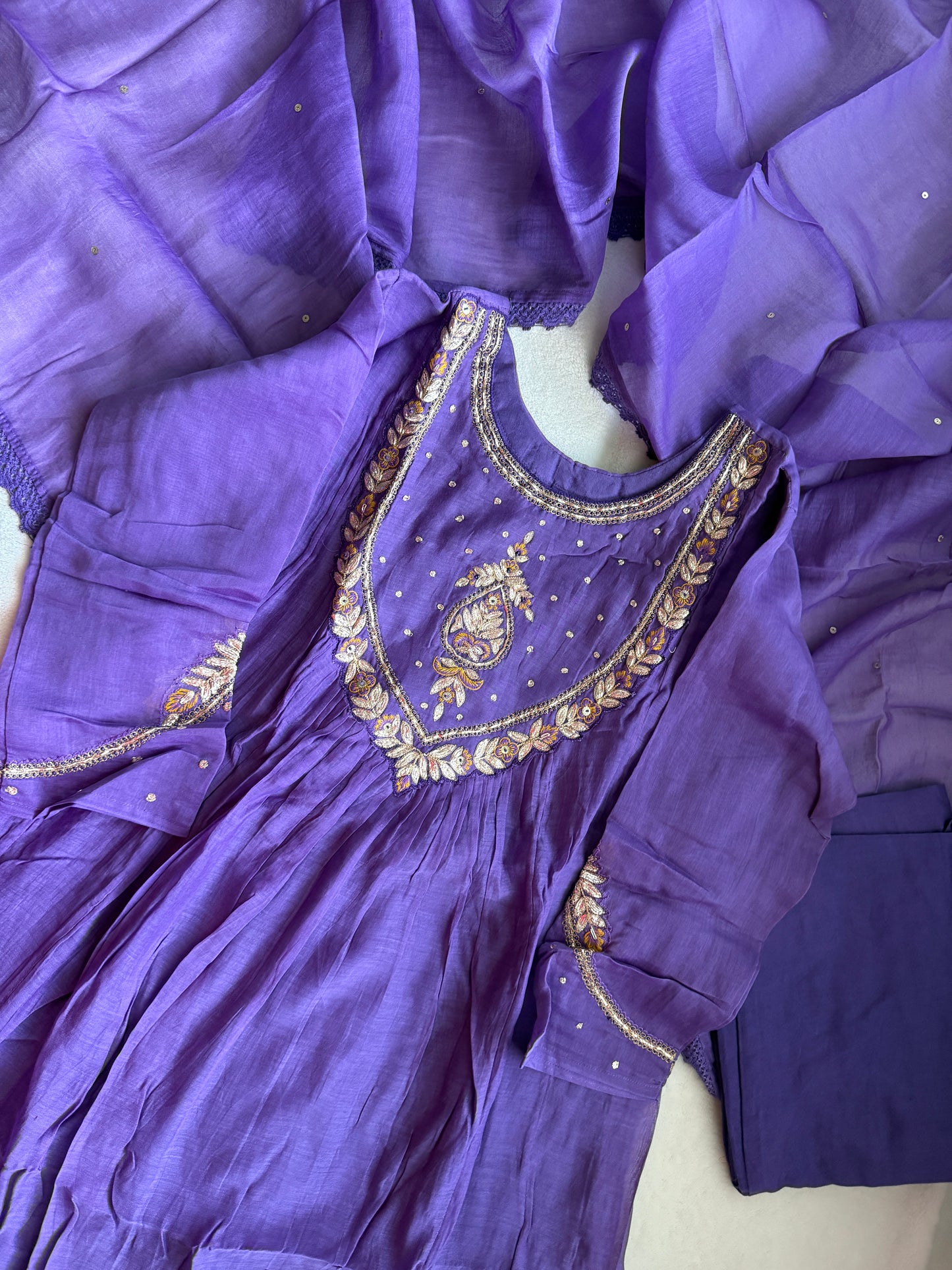 Purple mul chanderi designer A-line kurti set