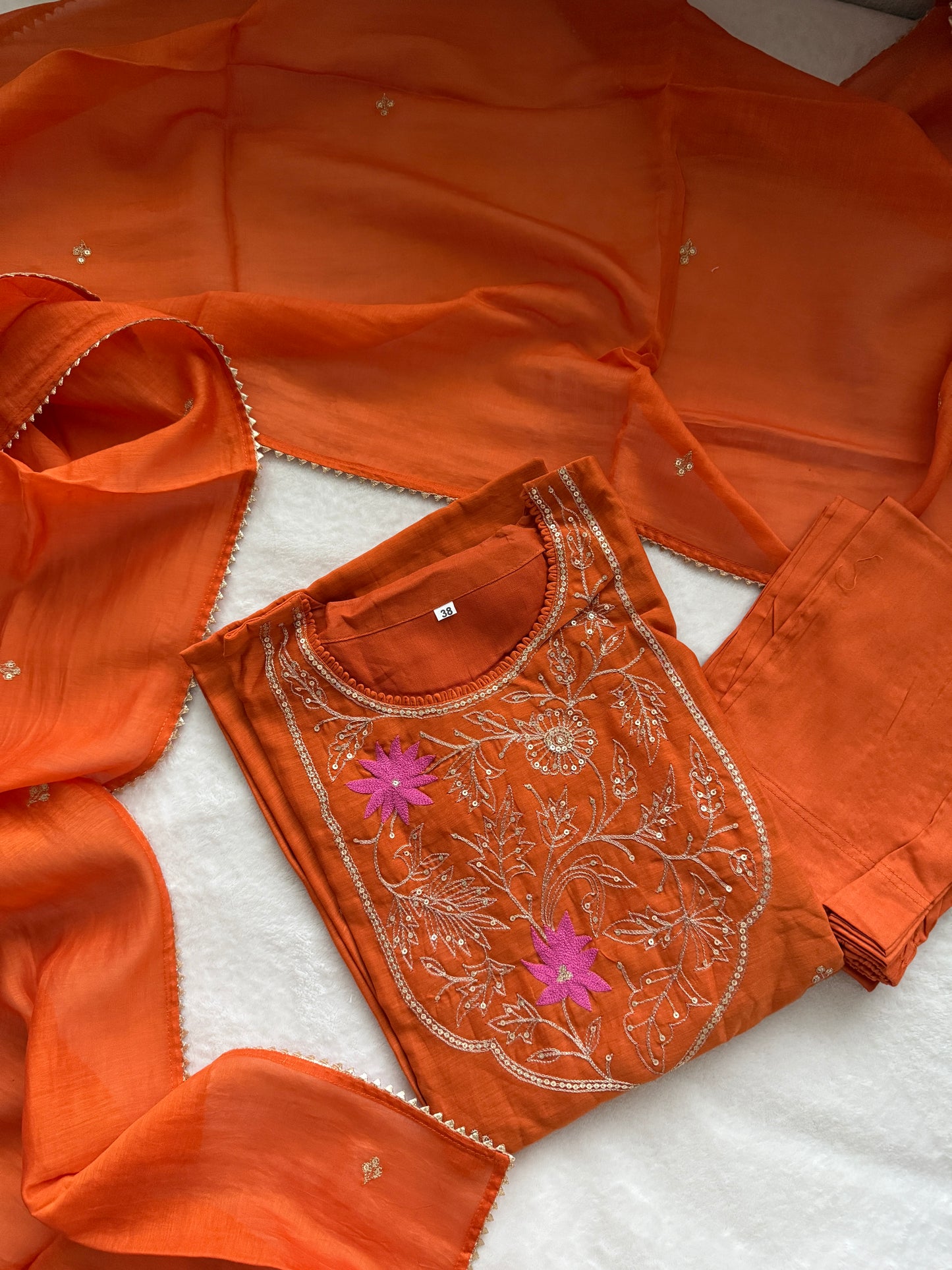 Rust Orange Mul Chanderi Straight Cut Kurti Set with Dupatta – Elegant Party & Festive Wear