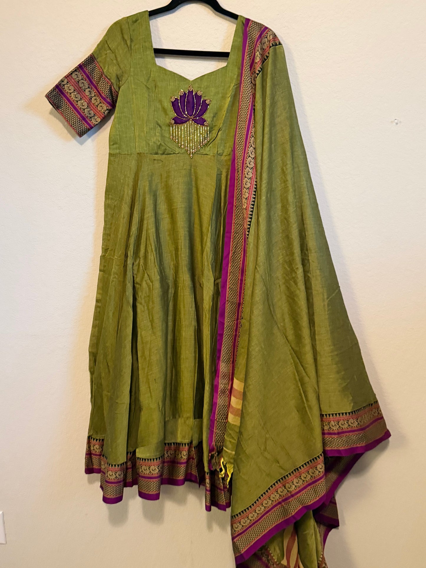 Green Narayanpet Maggam Work Anarkali with Dupatta