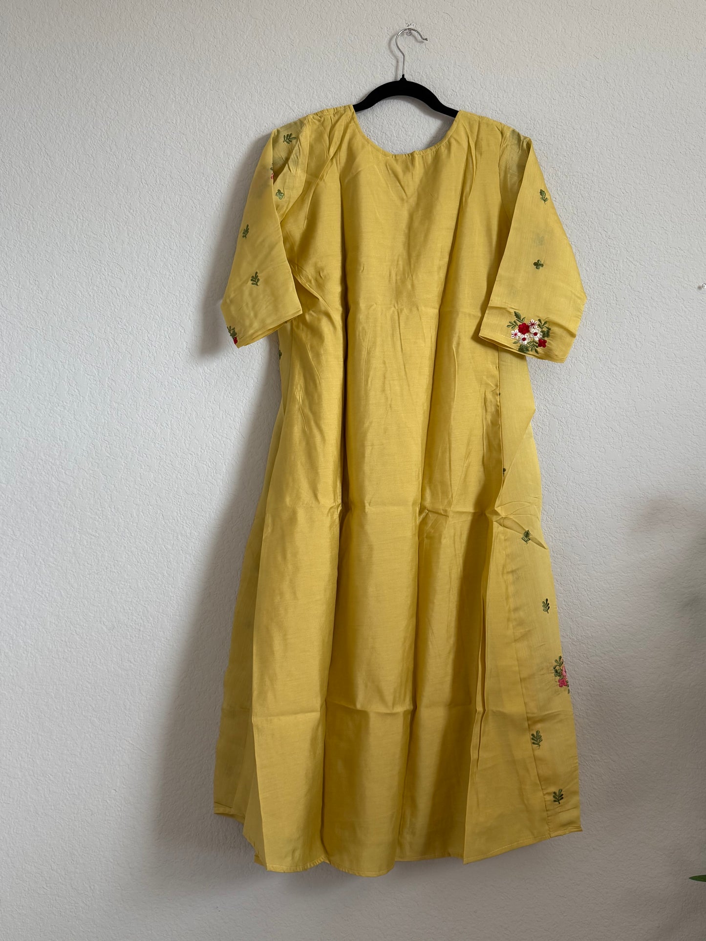 Mehendi Yellow Mul Chanderi A-line Kurti