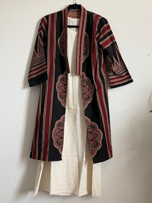 Black Ajrakh Coat Model Dress with Half White Cotton Sleeveless Inner