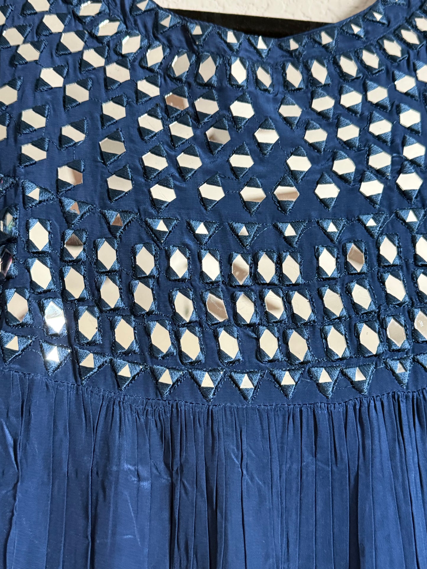 Navy Blue Heavy mirror work chinnon embroidered gown