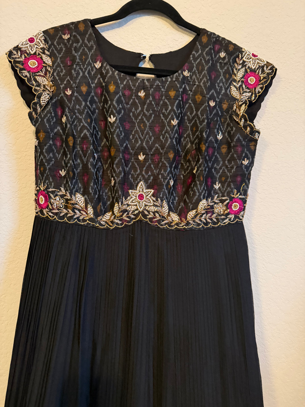 Black Raw Silk Ikkath Maggam Work Designer Long Dress with Short Sleeve