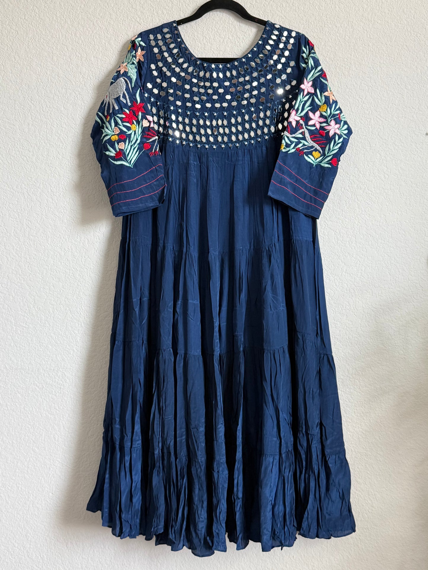 Navy Blue Heavy mirror work chinnon embroidered gown