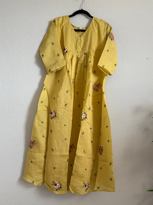 Mehendi Yellow Mul Chanderi A-line Kurti