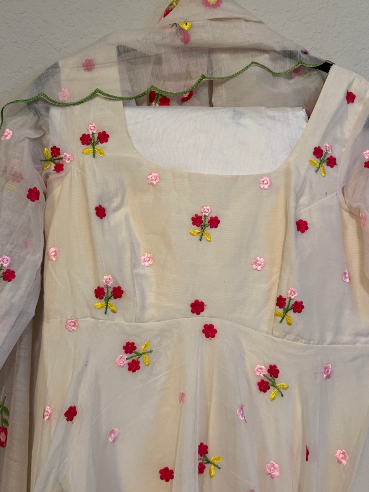 Ivory Shade Mul Chanderi Heavy Flared Floral Anarkali Set - Top, Pant and Dupatta