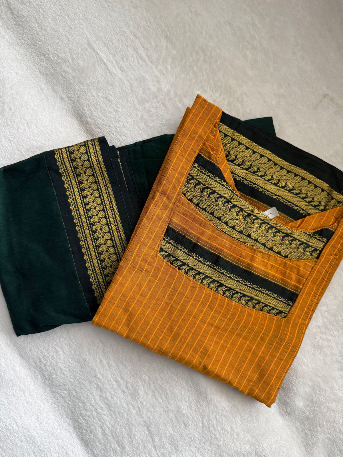 Yellow with Green Handloom Checks Top and Dupatta Set