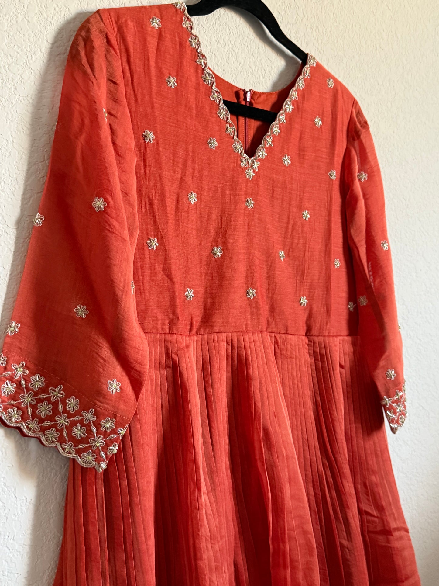 Rust Orange Mul Chanderi Handwork Designer Dress