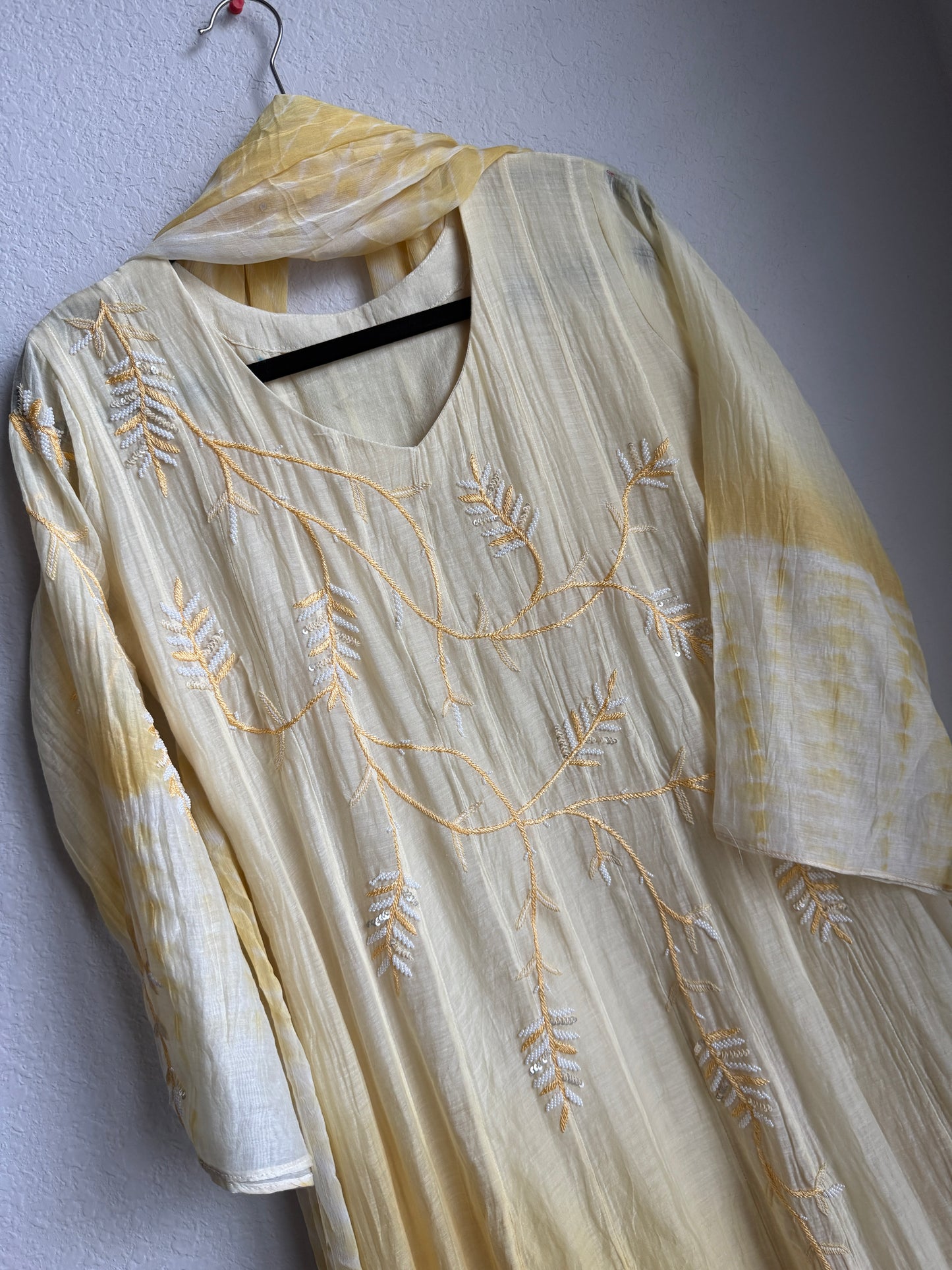 Pastel yellow handwork pure mul chanderi anarkali suit set