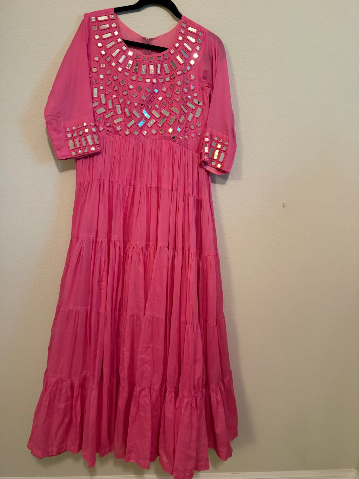Pink Mirror Work Heavy Flared Anarkali Long Dress