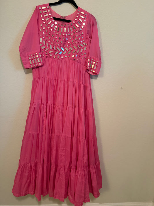 Pink Mirror Work Heavy Flared Anarkali Long Dress
