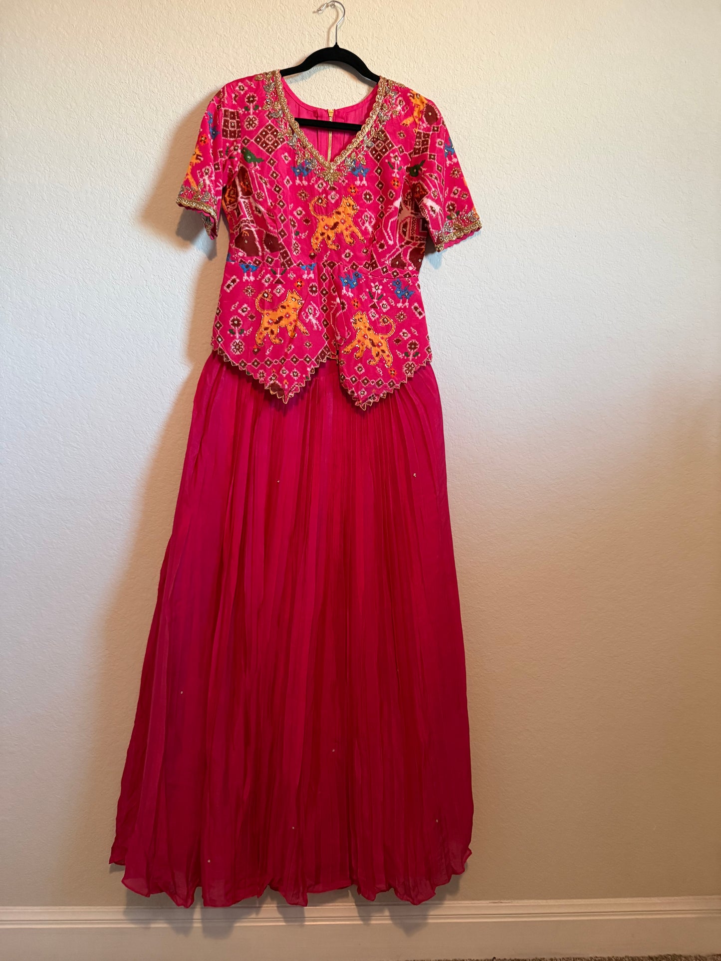 Pink Pure Patola Diamond Cut Pattern Peplum Top with Skirt Set