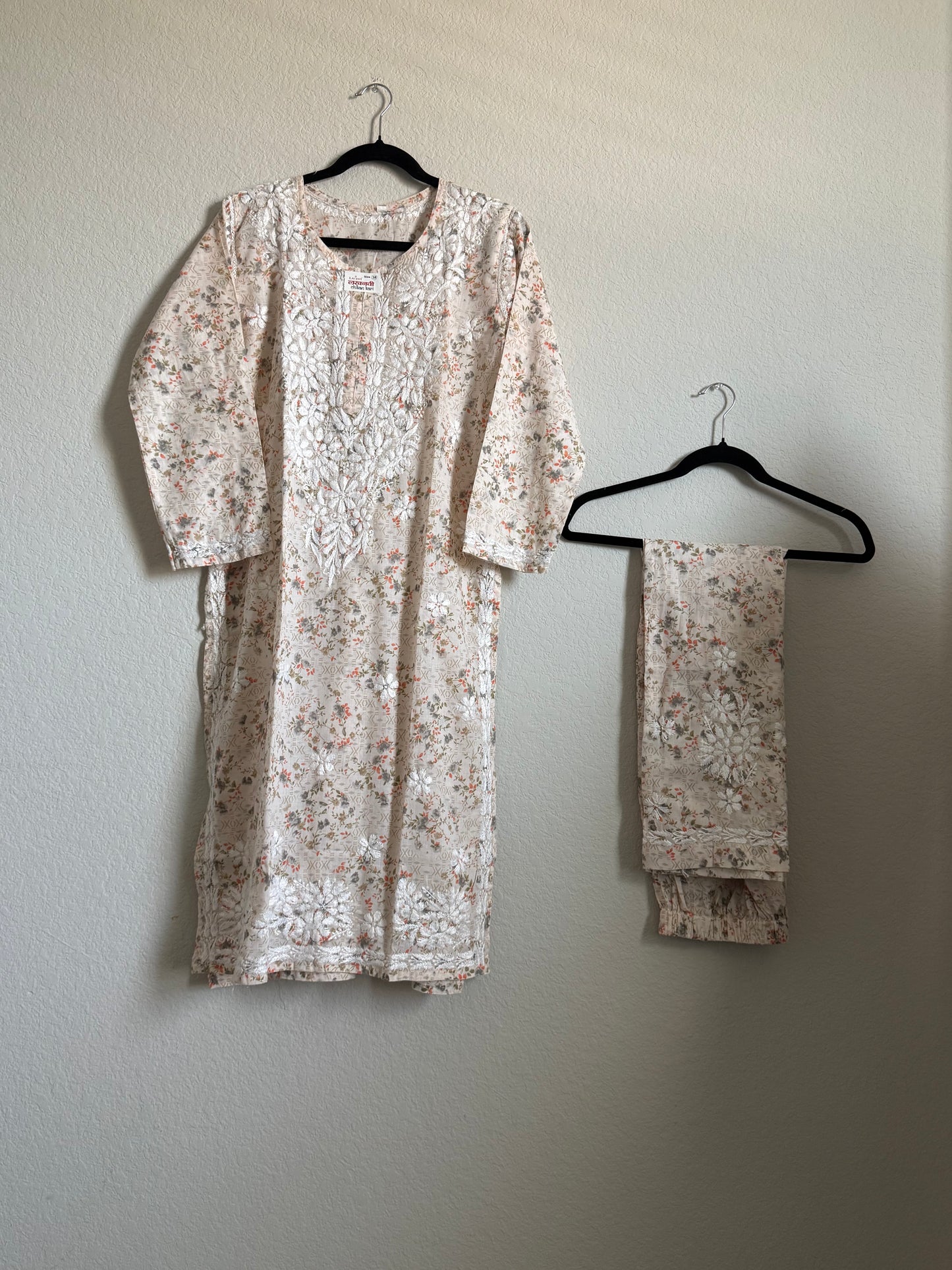 Orange Floral Printed Cotton Chikankari Coord Set - Top with Palazzo