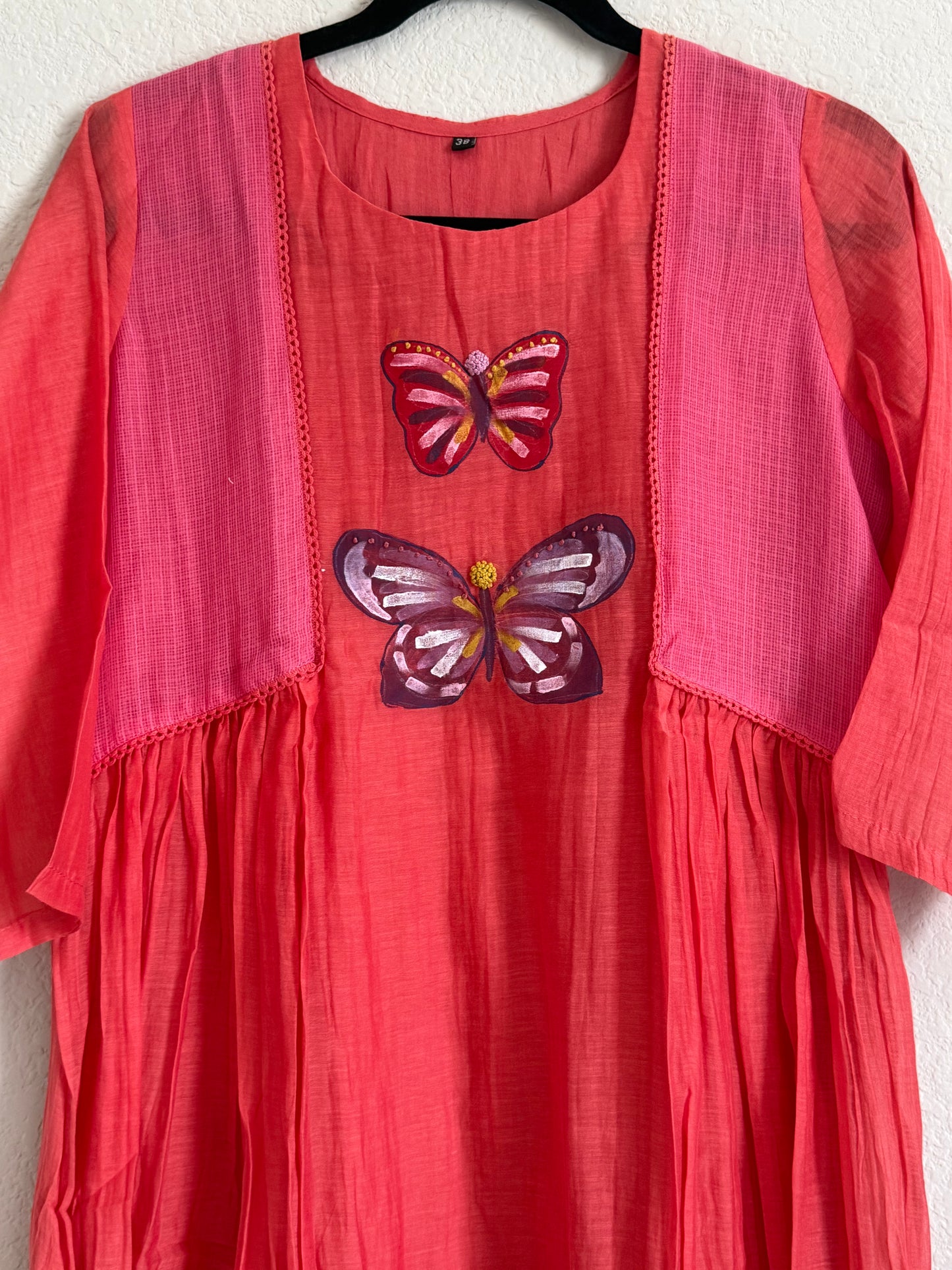 Coral Pink Mul Chanderi Handpainted Butterfly Design Tunic