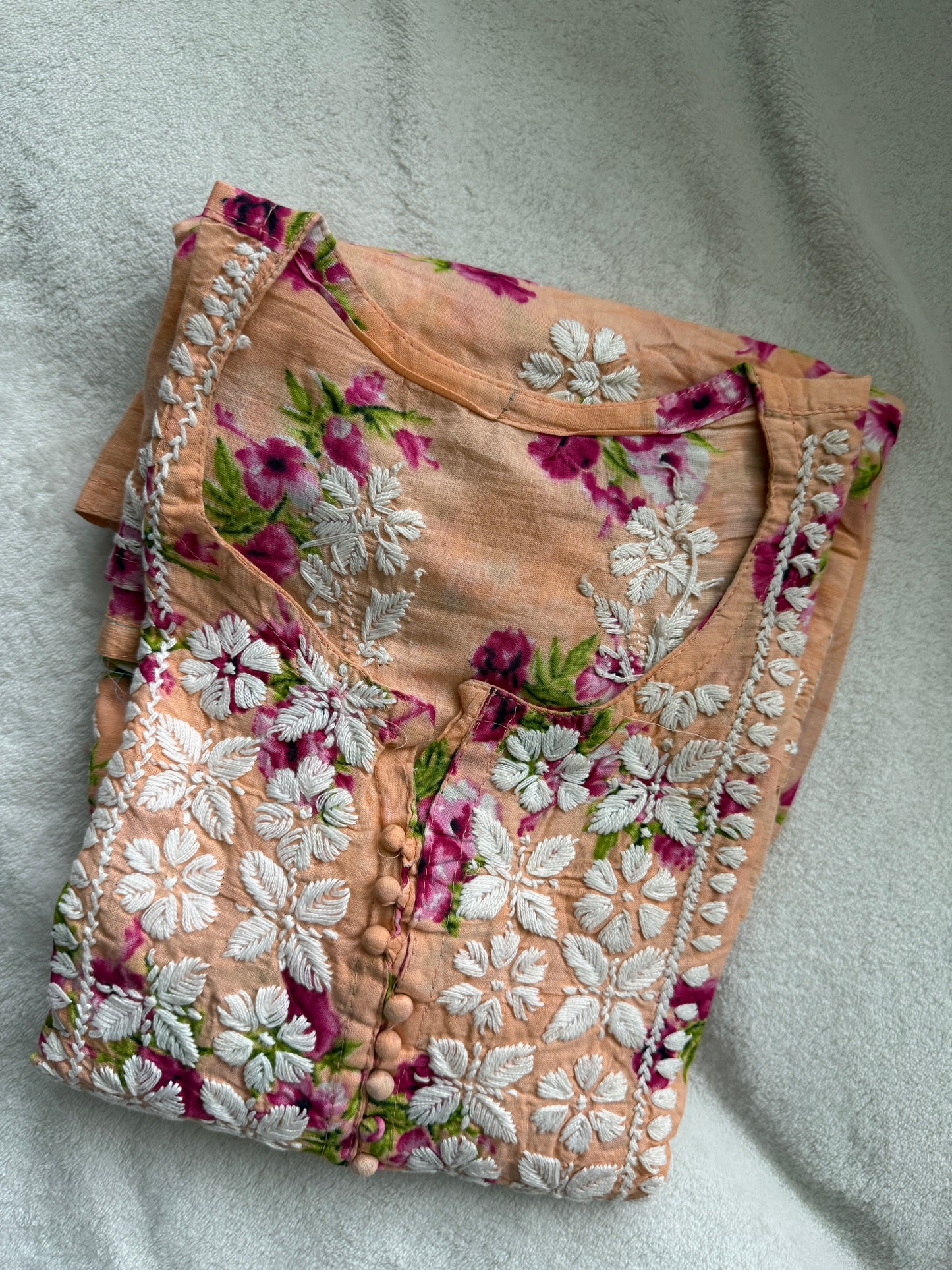 Peach chikankari short kurti - peplum style