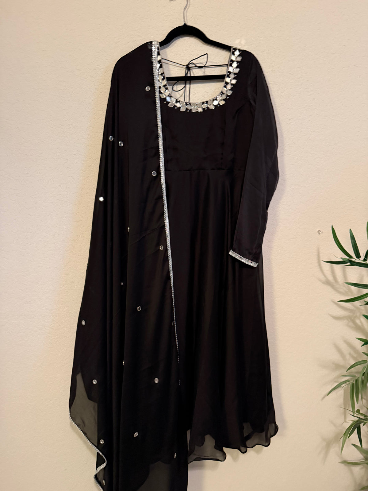 Black Mirror Work Georgette Heavy Flared Anarkali Set - Top and Dupatta