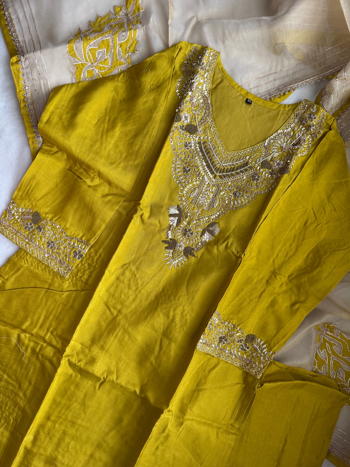 Mehendi green designer handwork straight cut partywear suit set