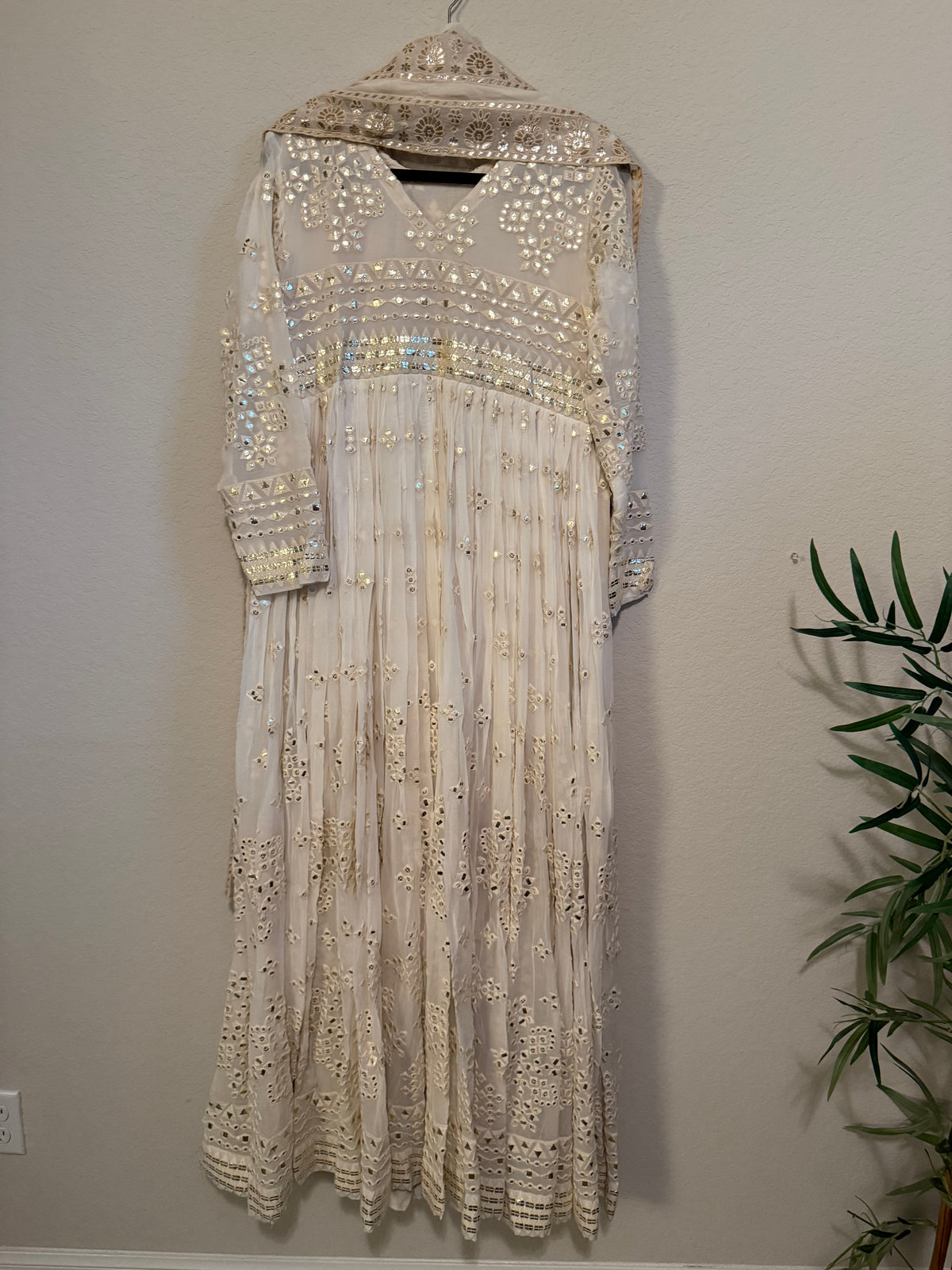 Ivory Shade Gotapatti Chikanwork Heavy Flared Long Anarkali Set - Top and Dupatta