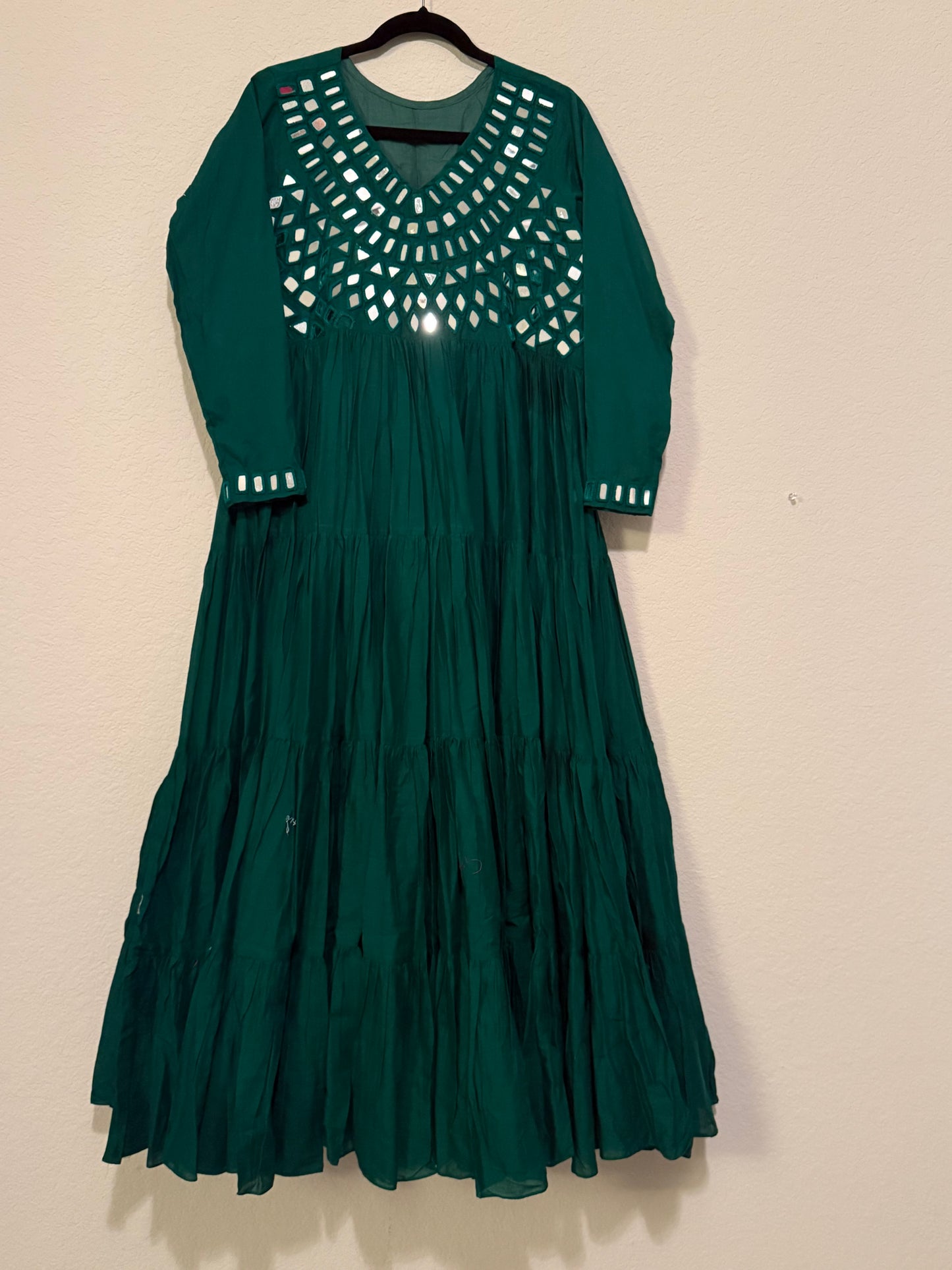 Green Handwork Mirror Work Heavy Flared Anarkali Long Dress