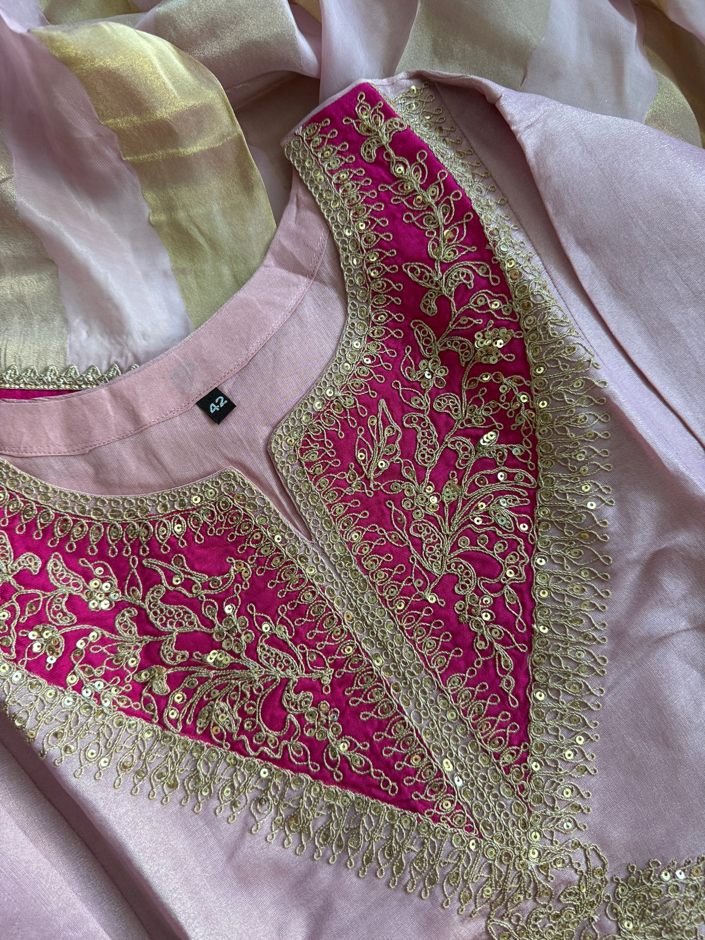 Baby pink tissue A-line kurti set with gorgeous tissue dupatta