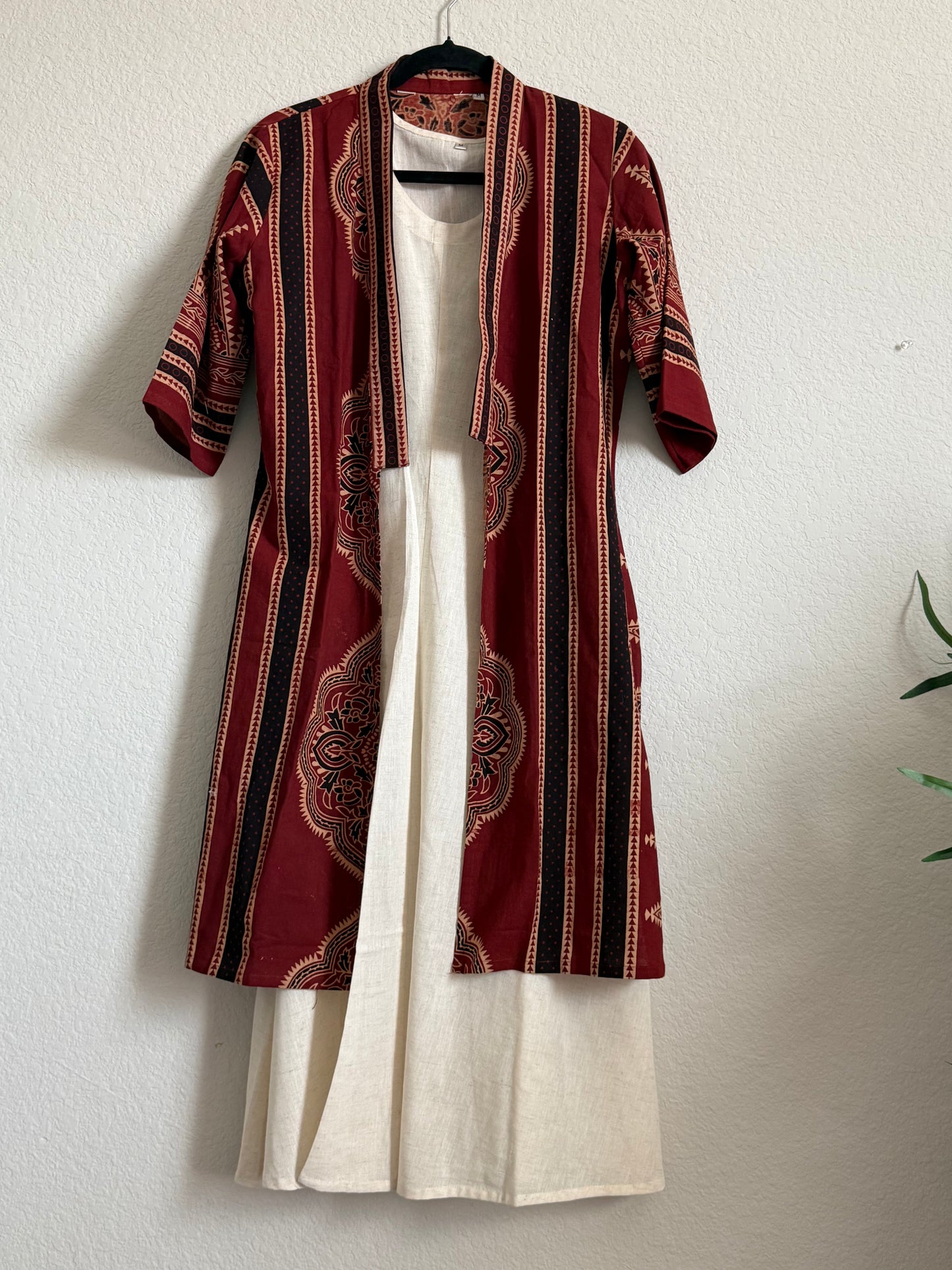 Maroon Ajrakh Coat Model Dress with Half White Cotton Sleeveless Inner
