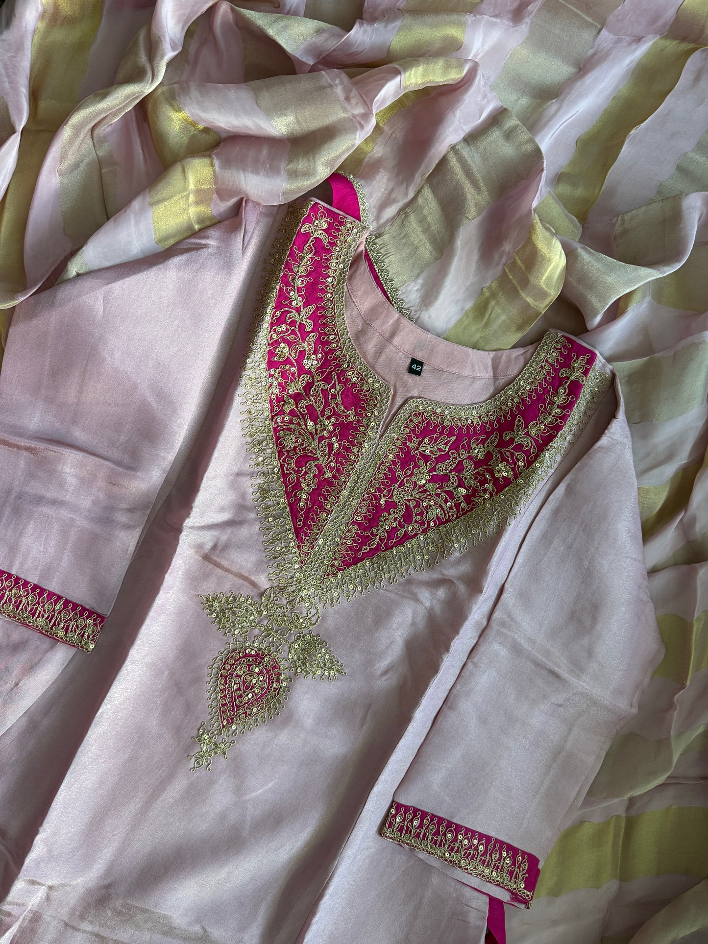 Baby pink tissue A-line kurti set with gorgeous tissue dupatta