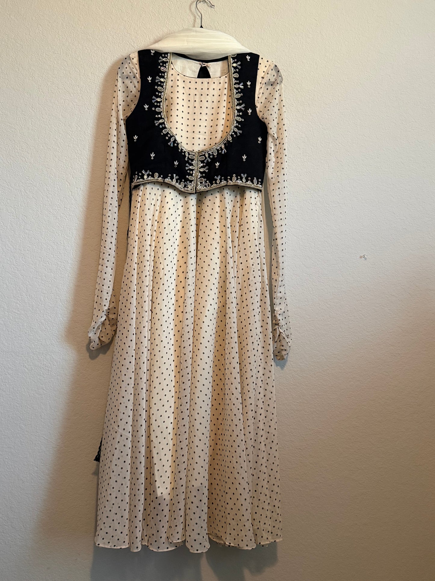 Half White Polka Dot Heavy Flared Georgette Full Sleeve Anarkali with Maggam Work Coat - Top + Dupatta