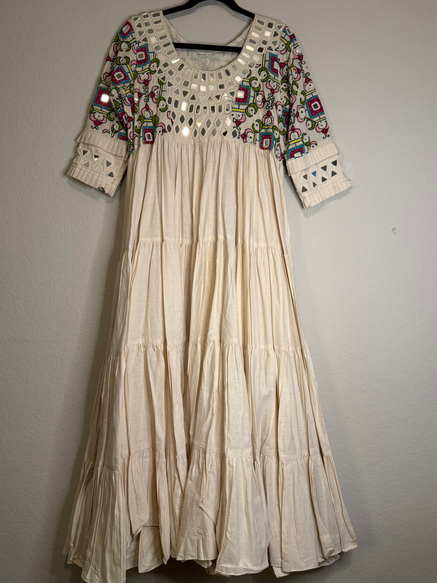 White Handwork Mirror Work Heavy Flared Anarkali Long Dress