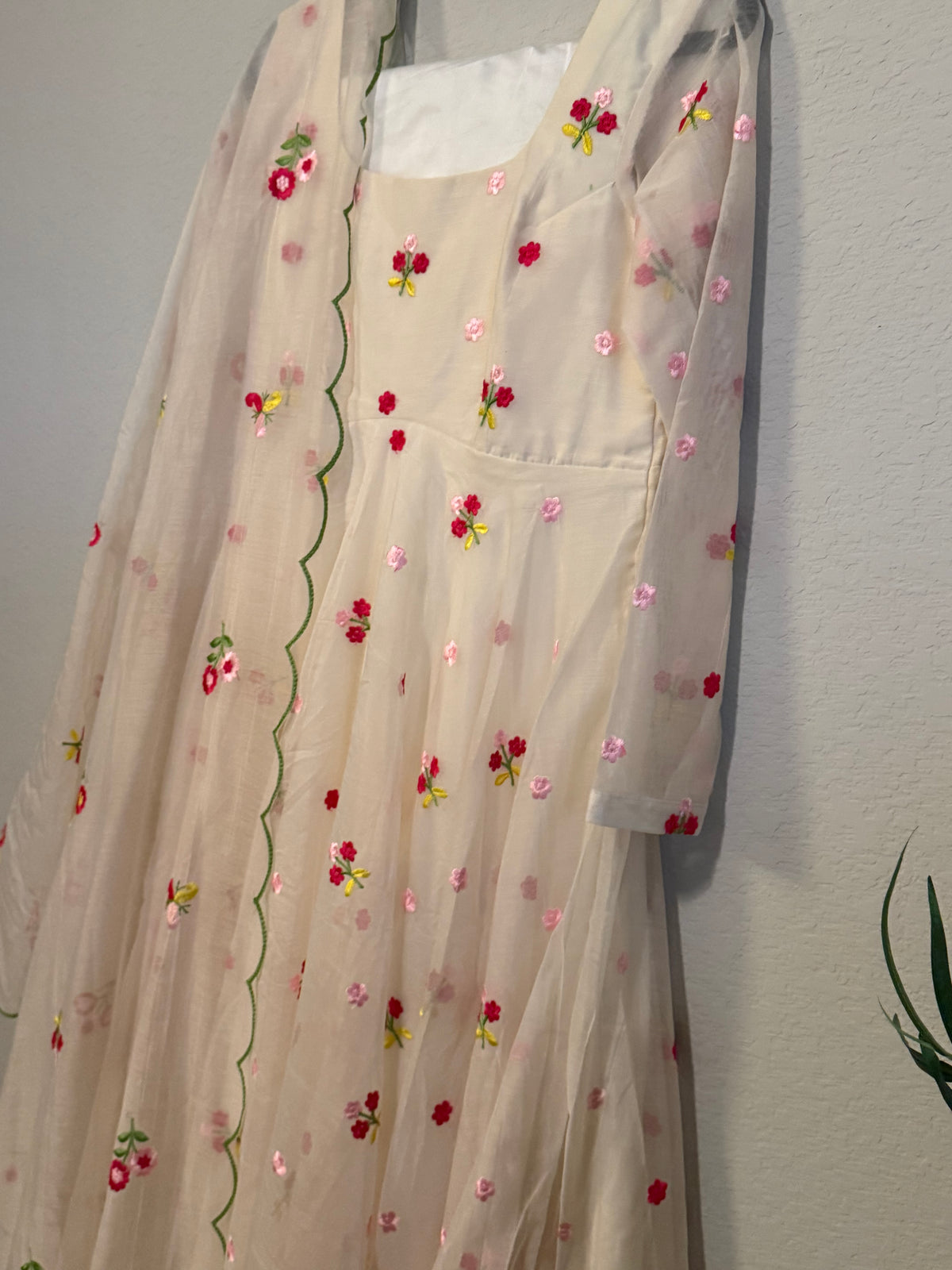 Ivory Shade Mul Chanderi Heavy Flared Floral Anarkali Set - Top, Pant and Dupatta